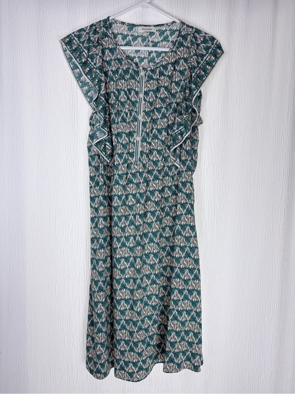 Max Studio Teal and Cream Patterned Sleeveless Dress, Size Medium